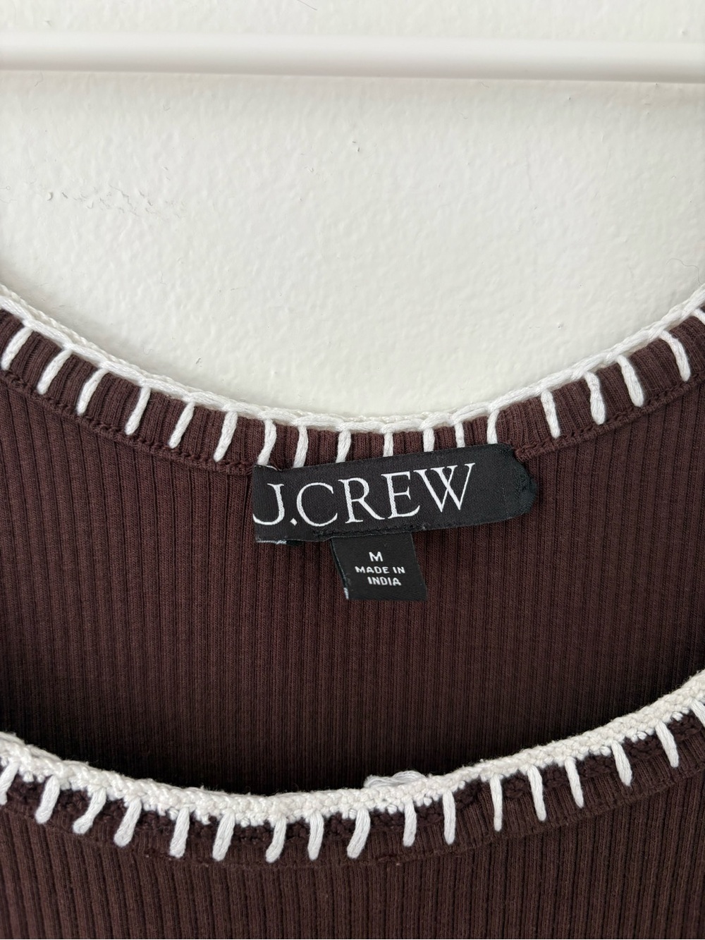 J Crew Brown Ribbed Scoop Neck White Braided Neckline Tank Top Size Medium - Picture 5 of 9